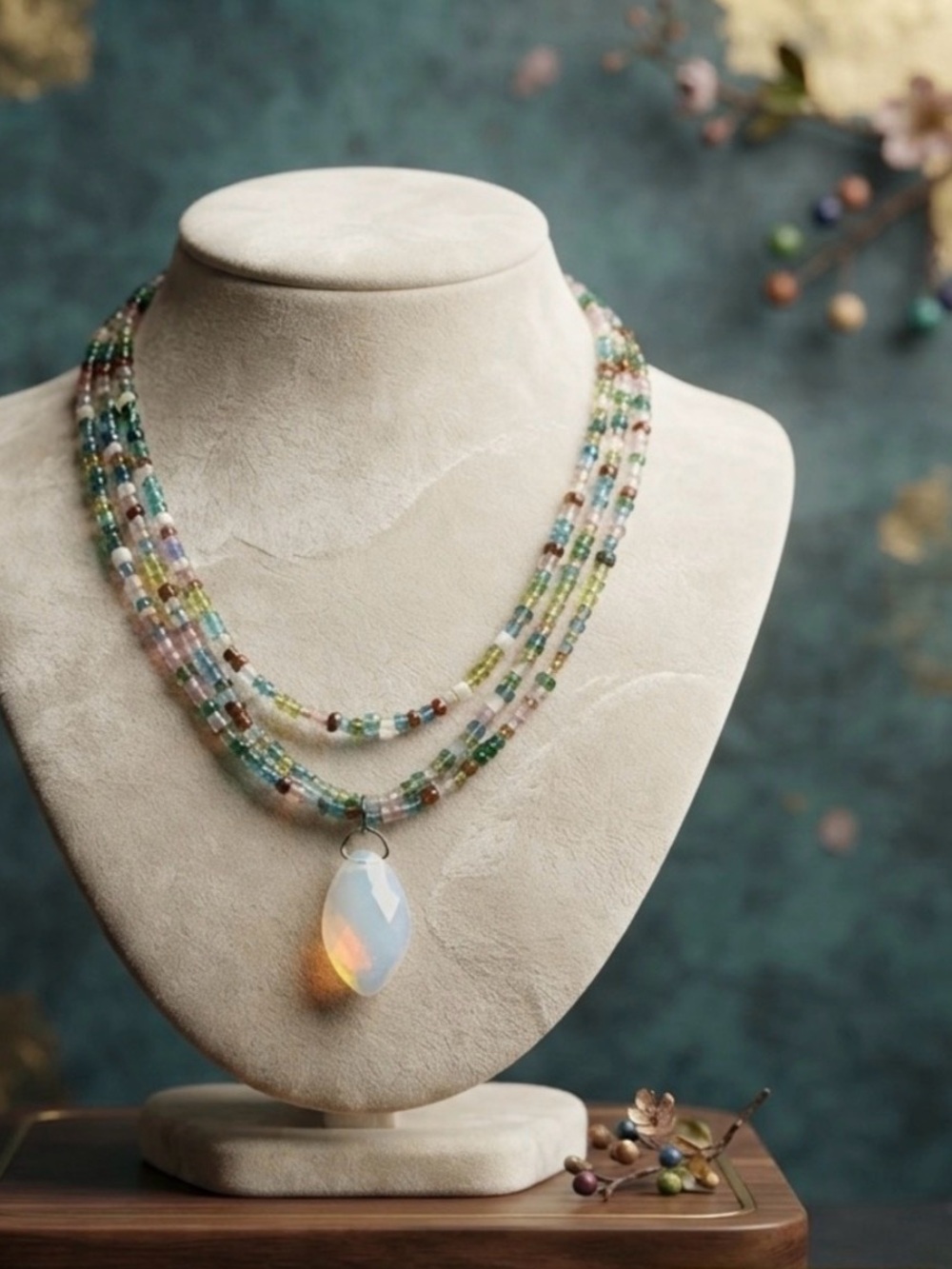 Vintage Multicolor Beaded Necklace with Opalite faceted Pendant